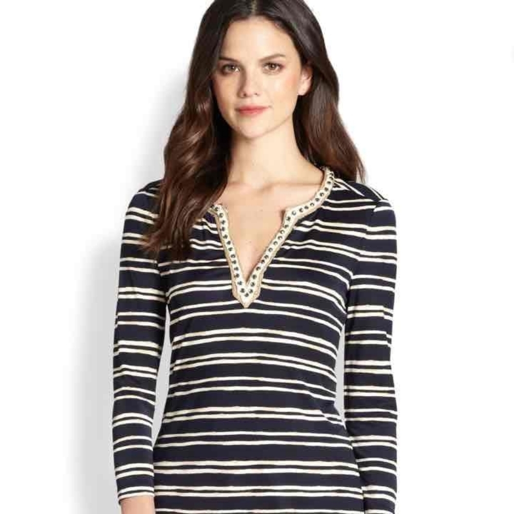 Tory Burch Silk Stripe Embellished V-neck 3/4 Sleeve Tee XS